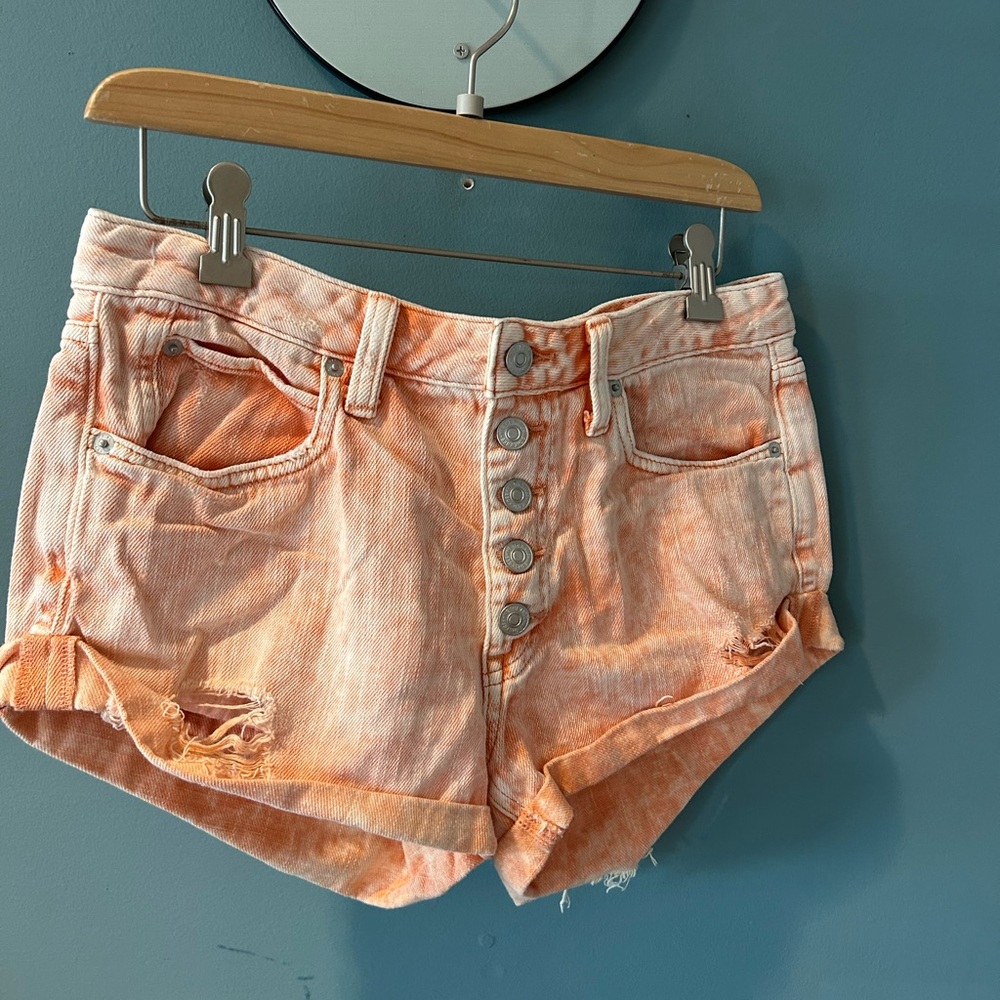 We The Free (Free People) Orange Acid Washed High-Rise Button-Fly Denim Shorts